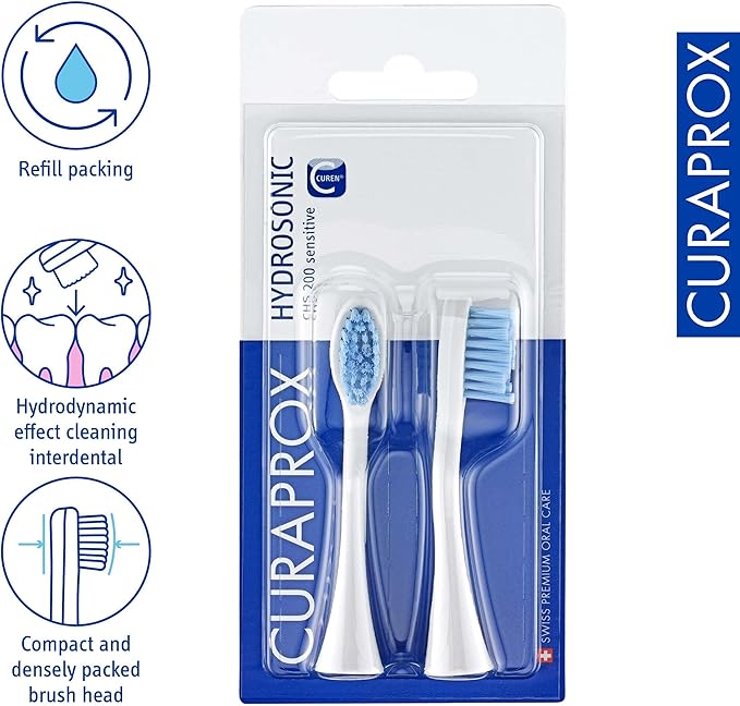 Curaprox Hydrosonic Brush Heads CHS 200 Sensitive Duo – for Gentle Gum Care & Effective Cleaning | Sonic Toothbrush Replacement Heads, 2-Pack | Swiss Made