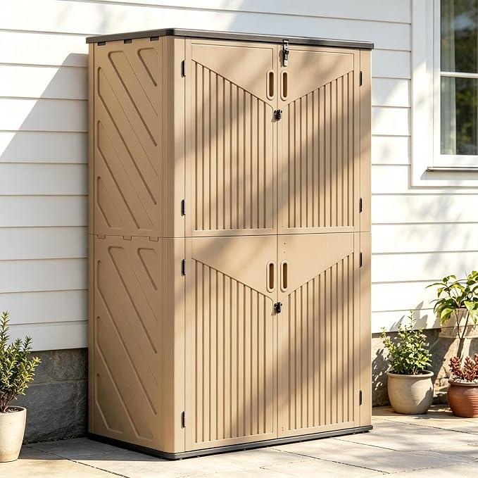 Aoxun Outdoor Storage Shed with Floor, 64 Cu.Ft Outdoor Storage Cabinet | Large Waterproof Vertical Resin Shed for Garden Tools, Pool Equipment, Brown