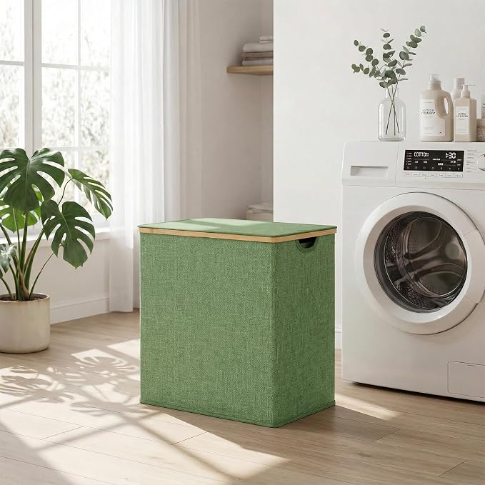 efluky Laundry Hamper with Lid, Double Laundry Basket with 2 Removable Bags, 2 Section Laundry Bin with Bamboo Handles for Bathroom, Bedroom & Laundry Room, 140L (36.9 Gallon) Sage Green