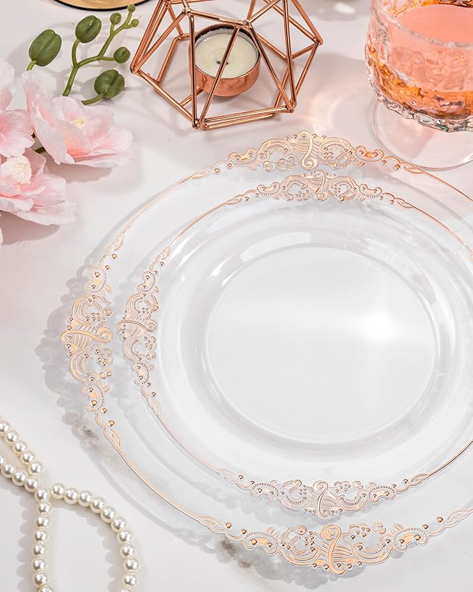 Nervure 350PCS Rose Gold Plastic Plates - Rose Gold Plastic Dinnerware Sets for 50 Guests - 100 Disposable Plates, 150 Silverware, 50 Cups, 50 Napkins Perfect for Wedding & Party