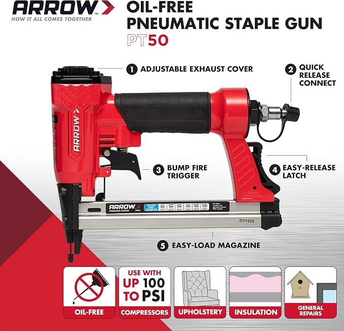Arrow PT50 Oil-Free Pneumatic Staple Gun,Professional Heavy-Duty Stapler for Wood,Upholstery,Carpet,Wire Fencing,Fits 1/4”,5/16”,3/8",1/2",9/16” Staples,Red,(Pack of 3)
