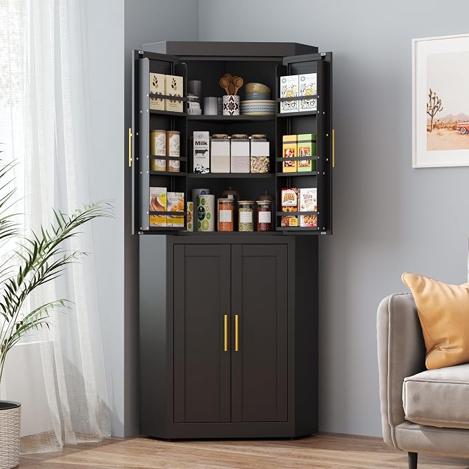 GAIOUS 63" Metal Corner Kitchen Pantry Cabinet, Food Storage Cupboard Black | Tall Steel Storage Cabinet with 4 Doors and 3 Shelves, Kitchen Food Cabinets with 6 Door Panel Shelves, Farmhouse, for Dining