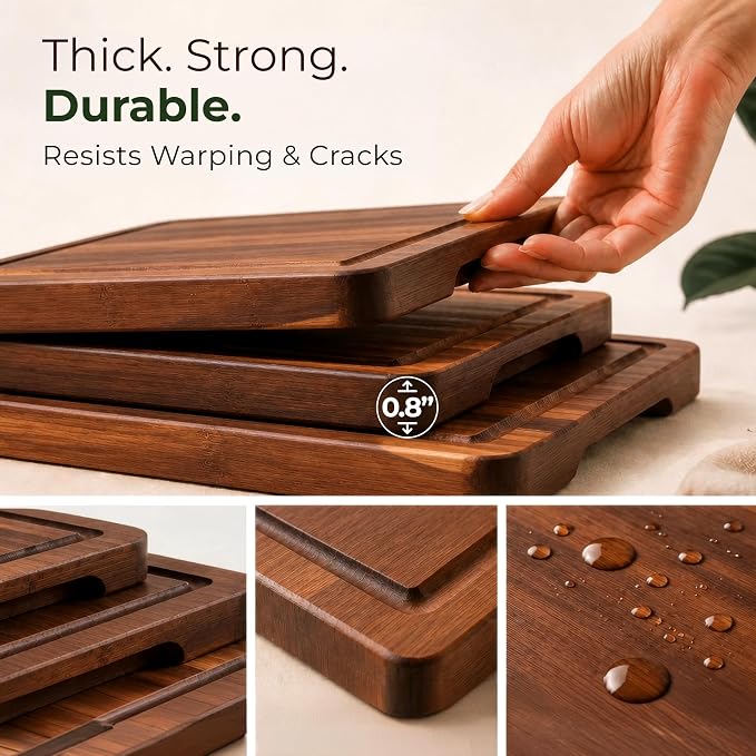 Acacia Wood Cutting Board Set of 3 with Holder & Juice Grooves | Built-in Handles, Durable – for Chopping, Food Prep & Serving as a Charcuterie Platter