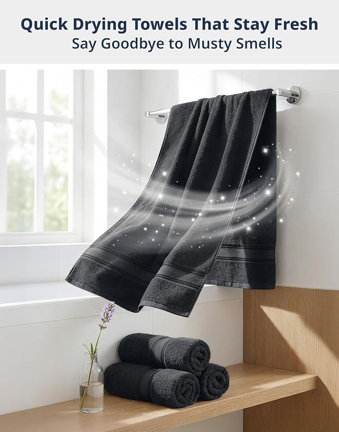 LANE LINEN Bath Towel Set Quick Dry 100% Cotton 12 Piece Soft - Black | Cotton Bath Towels - Classic Terry Weave, Densely Woven, Coordinated Colors, Dobby Border Accent, OEKO-TEX Certified