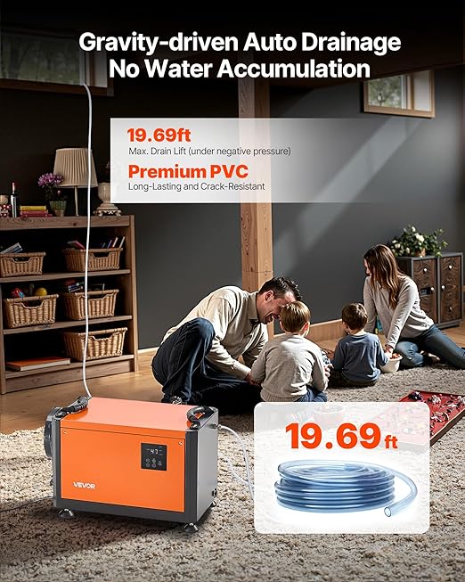 VEVOR 70 Pints Commercial Dehumidifier with Pump, Portable Crawl Space Dehumidifiers for Basement Storage Room Industrial, Auto Defrost/Drainage, Heavy-duty Galvanized Steel, with 2 Drain Hoses