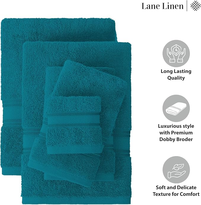 LANE LINEN Bath Towel Set 100% Cotton 3 Piece Soft Absorbent - Sea Port | Cotton Towel Set - Densely Woven, Coordinated Colors, Dobby Border Accent, OEKO-TEX Certified, Zero-Twist Durability