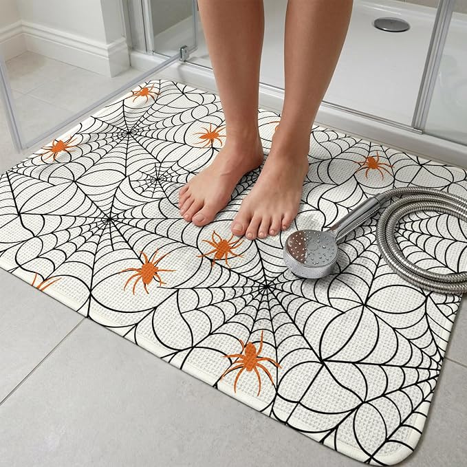 Halloween Bathroom Rugs Non Slip Washable Bath Mat Absorbent Low Pile Front Door Mat Black Net Classic Spiders Gingham Orange Indoor Doormat for Kitchen Entryway Shower Decor Accessories 31.5"x47.2"