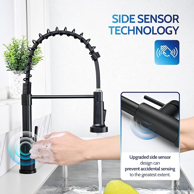 LUFEIDRA Touchless Kitchen Faucet with Pull Down Sprayer-Black Kitchen Faucet with Side Motion Sensor, Smart Hands-Free Spring Kitchen Sink Faucet for Modern Rv Outdoor Laundry Bar Sink, Matte Black