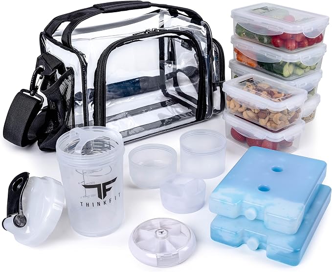 ThinkFit Clear Lunch Bag with 6 Meal Prep Containers and Ice Packs BPA-Free | Includes Shaker Cup, 2 Ice Packs and Pill Organizer; Reusable Clear Lunch Box for Work; Microwave, Freezer, Dishwasher Safe