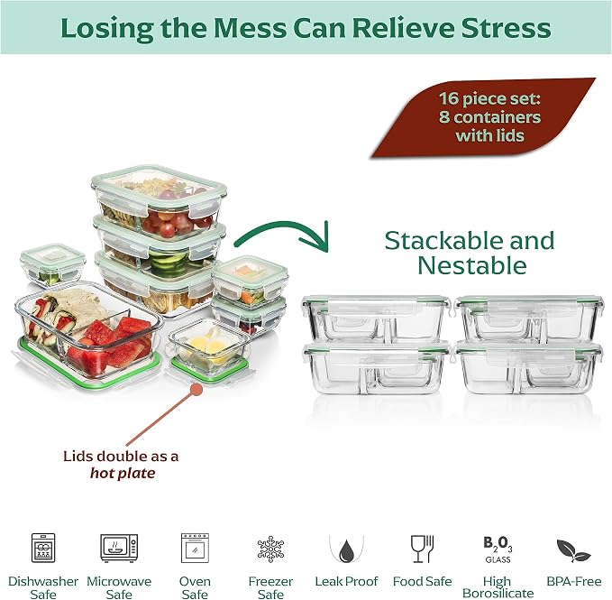 Glass Prep Containers - 8 Pack 2 Compartment 33 oz | High Borosilicate, 4 Large 980 ml, 4 Small 140 ml, BPA-Free Lids, Airtight Silicone Seal, Oven Safe 752 F, Dishwasher Safe