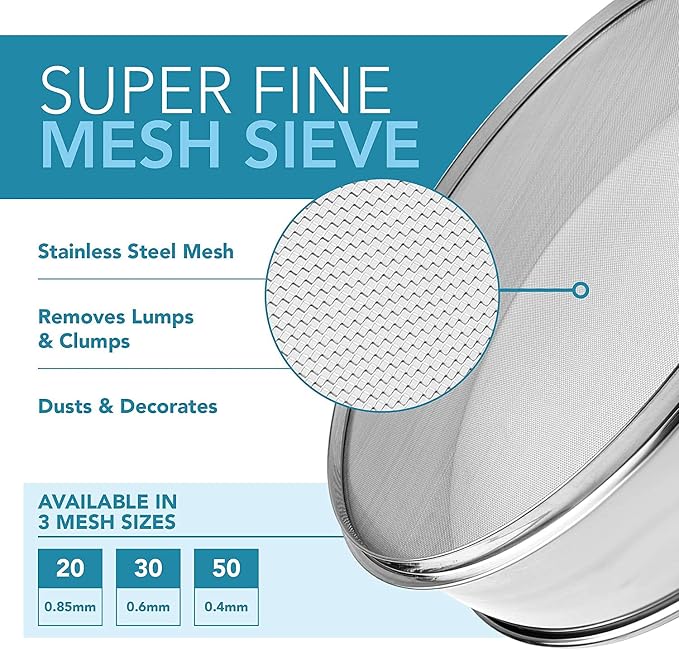 Vollum Stainless Steel Flour Sifter Fine Mesh Round Flour Sieve for Baking 12" Diameter x 2.5" High; 30 Mesh (Hole Size 0.6mm)
