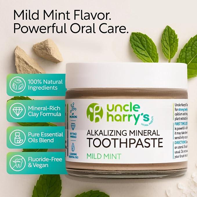 Uncle Harry's Mild Mint Remineralizing Toothpaste | Natural Whitening Freshens Breath & Promotes Enamel | Vegan Fluoride Free Toothpaste, 3 Oz