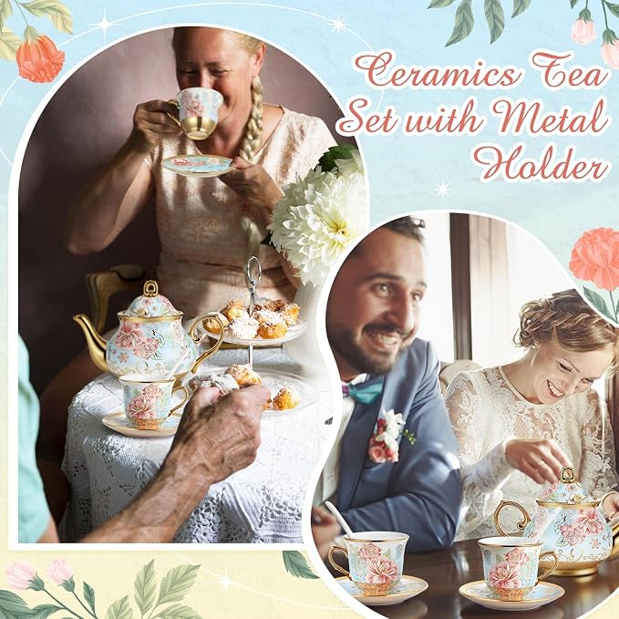 Zhehao 20 Pcs Porcelain Tea Set with Metal Holder and Spoon Adult Ceramic Tea Set European Flower Painting Teapot Cup Saucer Spoon for Women Mom Gift, Large Version (Vivid Style)