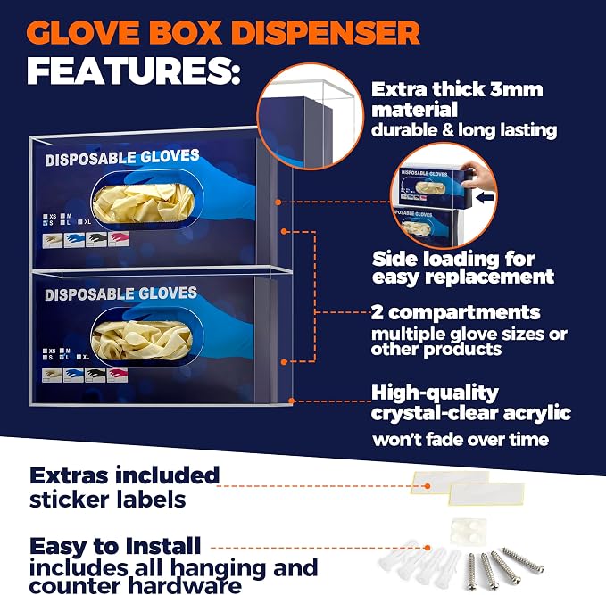 Double Glove Box Holder Wall Mount Glove Dispenser - Disposable Glove Holder Wall Mount Glove Station for Medical Gloves, Multipurpose Kitchen Gloves Holder - Includes Hanging Hardware