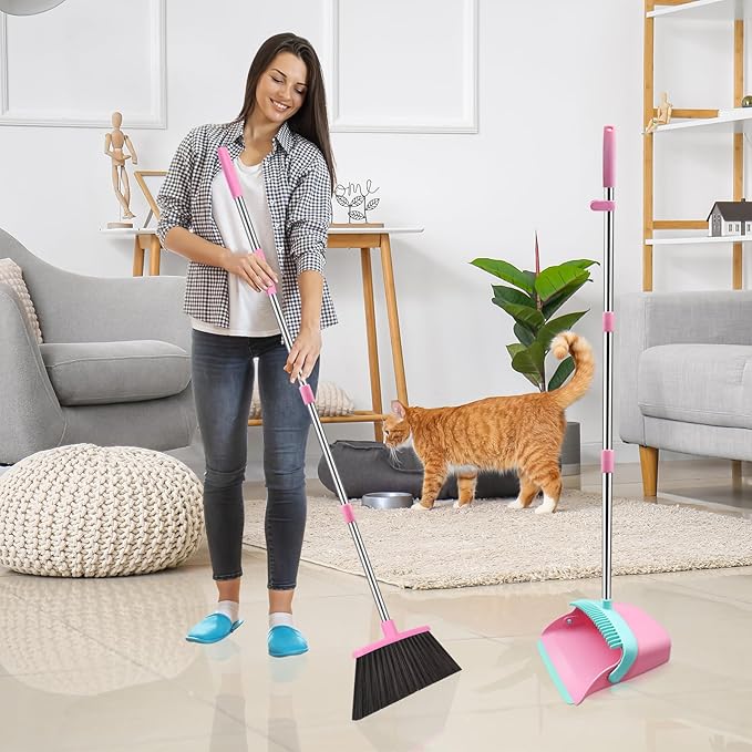 Broom and Dustpan Set, 52-in Long Adjustable Handle Broom Dustpan Combo with Dust pan Teeth to Automatically Clean Hair Suitable for Home Kitchen Office Hall Floor (Pink&Blue), 2 Pack