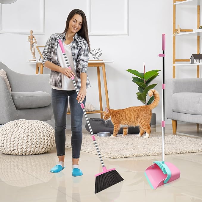 NACENA Broom and Dustpan Set, 52-in Long Adjustable Handle Broom Dustpan Combo with Dustpan Teeth to Automatically Clean Hair Suitable for Home Kitchen Office Hall Floor (Pink&Blue), 4 Pack