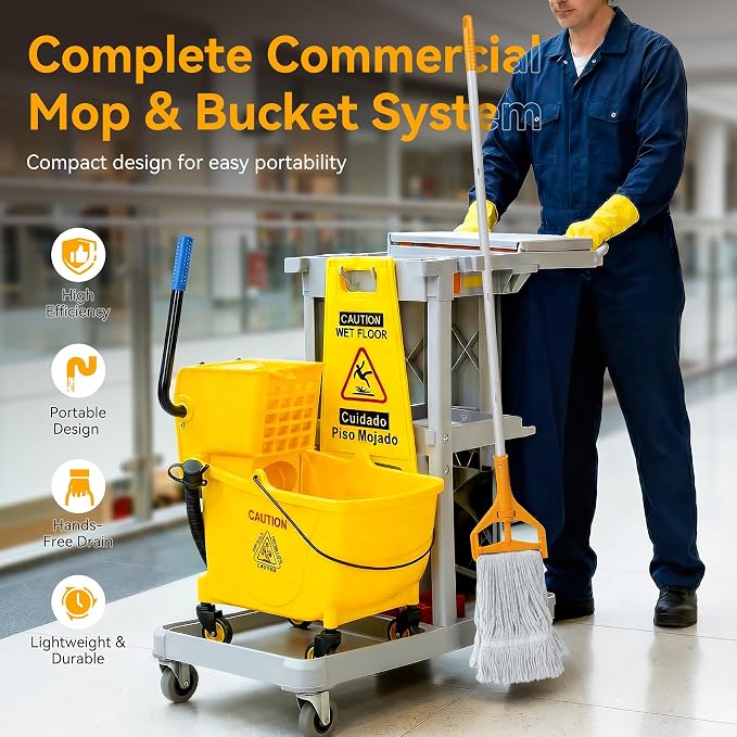 38 Qt Commercial Mop Bucket with Side Press Wringer on Wheels, Including Wet Floor Caution Sign, 1 Heavy Duty Industrial Mop, 1 Mop Head Replacement and a Pair of Gloves
