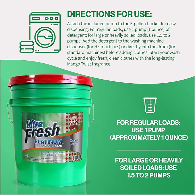 Ultra Fresh Liquid Laundry Detergent Washing Soap, 3X Platinum, 5 Gal, Mango Twist - Concentrated Stain Remover and Odor Eliminator for HE and All Machine Types, Clothes, and Fabrics