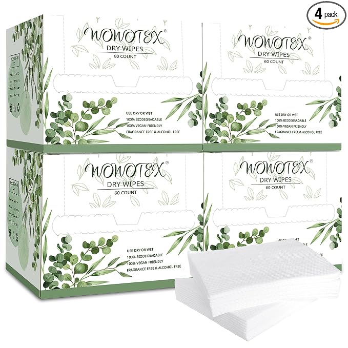 WOWOTEX Disposable Face Towel Biodegradable Large Dry Face Wipes 240 Count/4 Box Extra Thick Soft Clean Facial Towels for Sensitive Skin, Makeup Removing, Facial Cleansing, Nursing, Travel, 10"×12"
