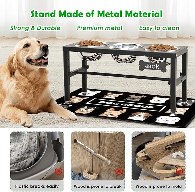 SHAINFUN Metal Elevated Dog Bowls Stand for Large Dogs with Mat & Three 58oz Food Water Bowls, Adjustable Height Raised Dog Bowl Stand