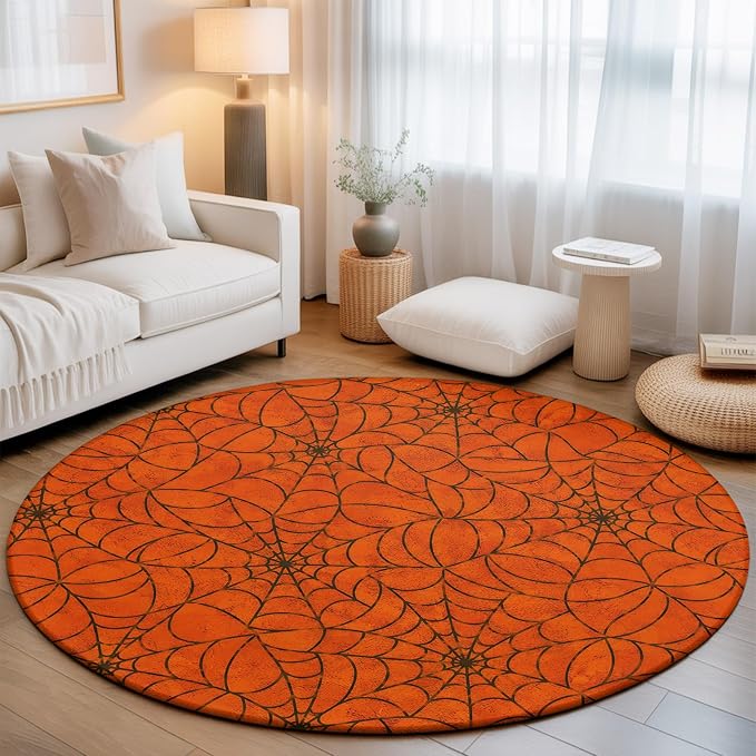 Round Area Rug 4', Orange Halloween Washable Area Rugs for Kitchen Bathroom Bedroom Office Dining Room, Black Spiders Net Classic Gingham Non Slip Door Mat Indoor Entrance Floor Throw Circle Carpet