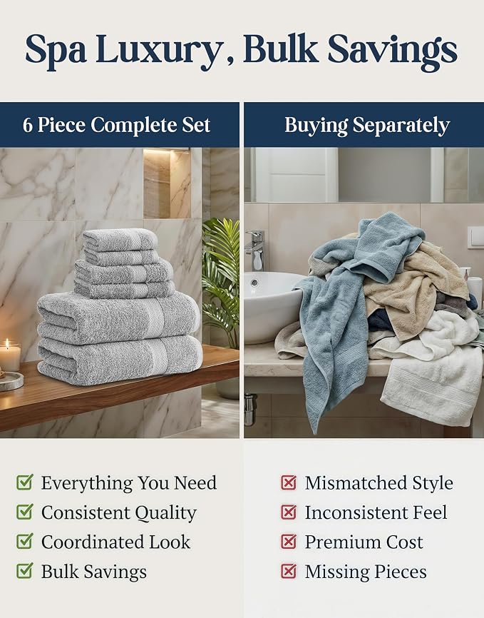 LANE LINEN Towel Set for Bathroom 6 Piece Soft Absorbent Quick Dry - Grey | Towels And Washcloths Sets - Oversized & Roomy, Lightweight & Breathable, Fade-Resistant Color, Classic Terry Weave