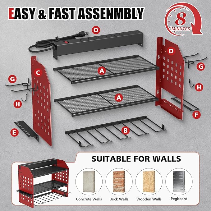 SUNALLY Power Tool Organizer Wall Mount with Charging Station,3 Layer Metal Tool Storage Rack with 4 Drill Holders, Heavy Duty Power Tool Shelf for Garage, Warehouse, Workshop, Gifts for Men, Husband