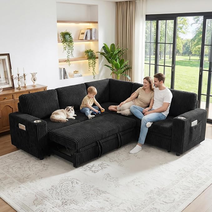 L-Shaped Sectional Sleeper Sofa with Pull Out Bed, Black | Plush Corduroy Modular Couch with Storage, USB Charging, Cup Holders – Cozy Cloud Couches for Living Room, Easy Assembly