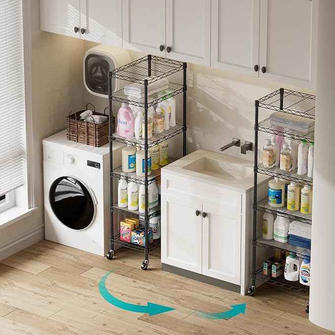 SINGAYE 6 Shelves Storage Shelf Wire Shelving Unit Metal Adjustable Wheels | Small Shelf Storage with Wheels Organizers Closet Unit for Bathroom Laundry Room Kitchen Pantry11.5D x 17.5W x 61.5H Black
