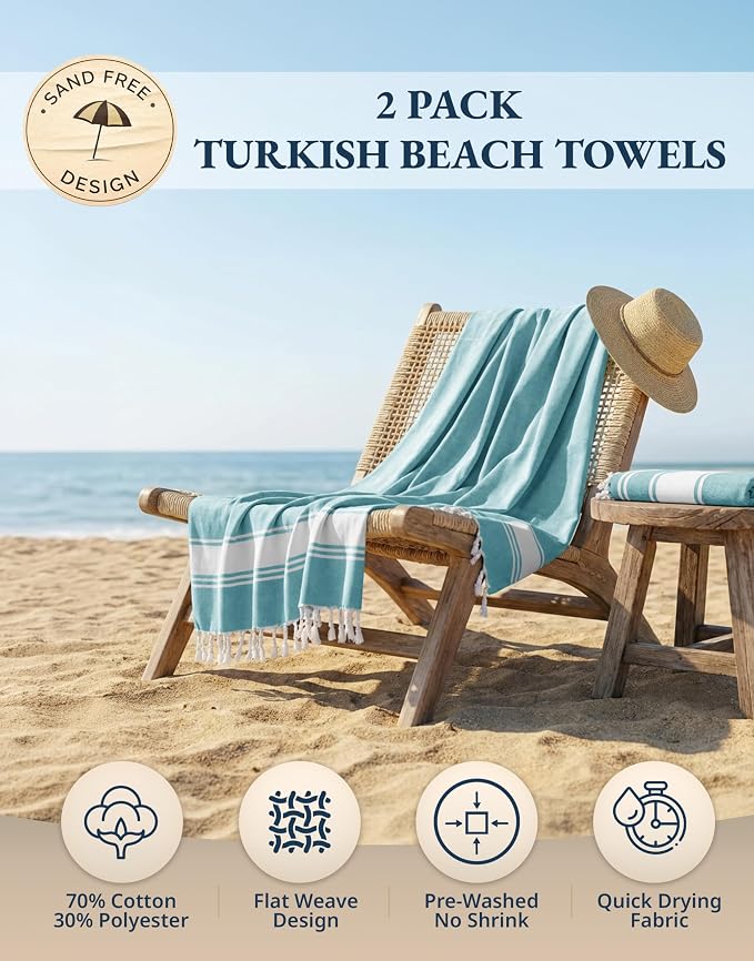 LANE LINEN Beach Towel 2 Pack, Oversized Beach Towel 39"x71", Lightweight Beach Essentials for Women, Large Pool Towel, Absorbent & Quick Dry, Sand Free Beach Towel - Aqua | Lightweight Beach Essentials for Women - Large Pool Towel, Absorbent & Quick D...