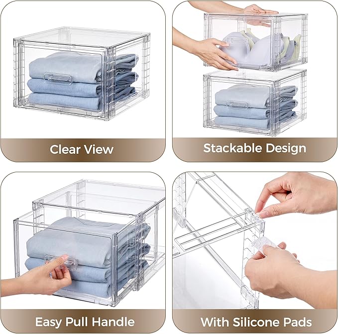 Vtopmart 9 Pack Clear Stackable Storage Drawers 15QT,Easily Assemble Closet Organizers,Plastic Storage Bins for Bathroom,Cabinet,Kitchen Pantry,Under Sink Organization(Medium)