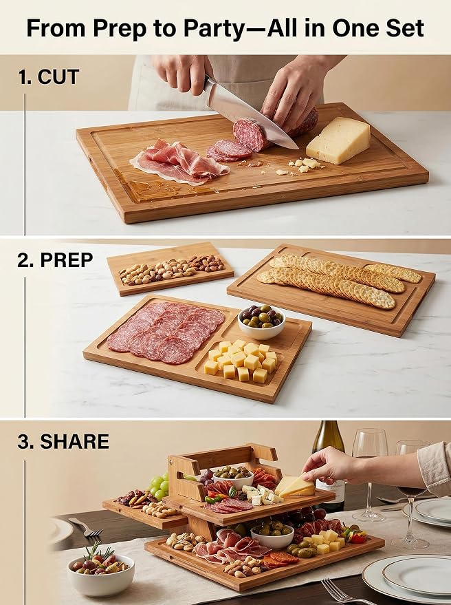 CARTMAN 3-Piece Bamboo Cutting Boards for Kitchen with Stand & Holder | Includes 3 sizes & dual-purpose stand for charcuterie, 100% non-toxic bamboo, deep juice groove, warp-proof 3-layer