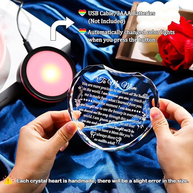 Arikyrist Gifts for Mom from Daughter Son with Colorful LED Base, Unique Moms Birthday Gifts Crystal Heart Keepsakes to My Mom Gift for Mother's Day Thanksgiving Presents for Best Mother Ever