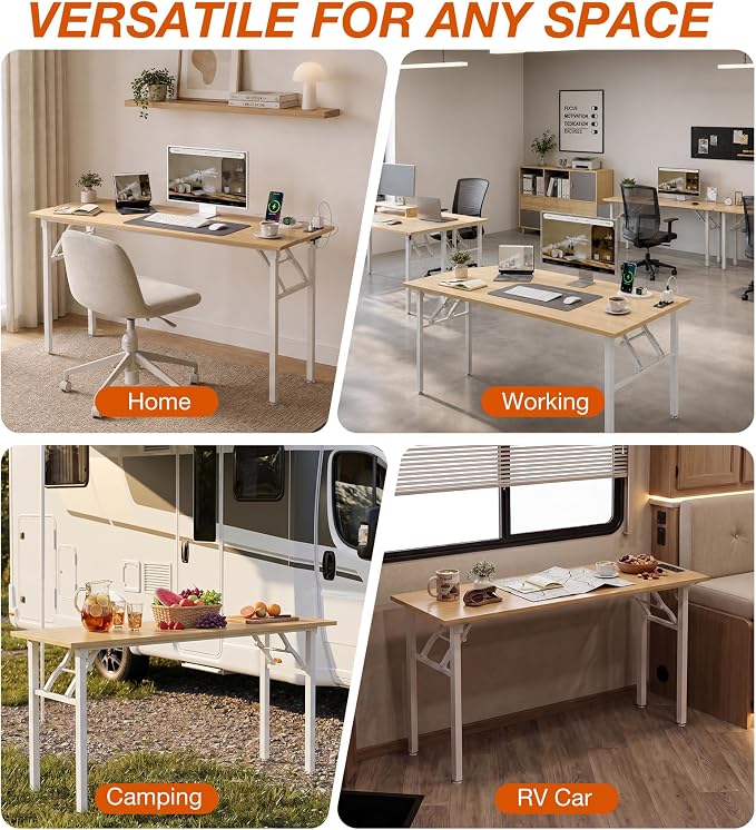 XBurmo Small Folding Desk Folding Table, No Assembly Foldable Desk Gaming Desk, 55.1-Inch Computer Table Workstation with 2 AC Outlets and 2 USB Ports for Bedroom and Home Office, Light Maple
