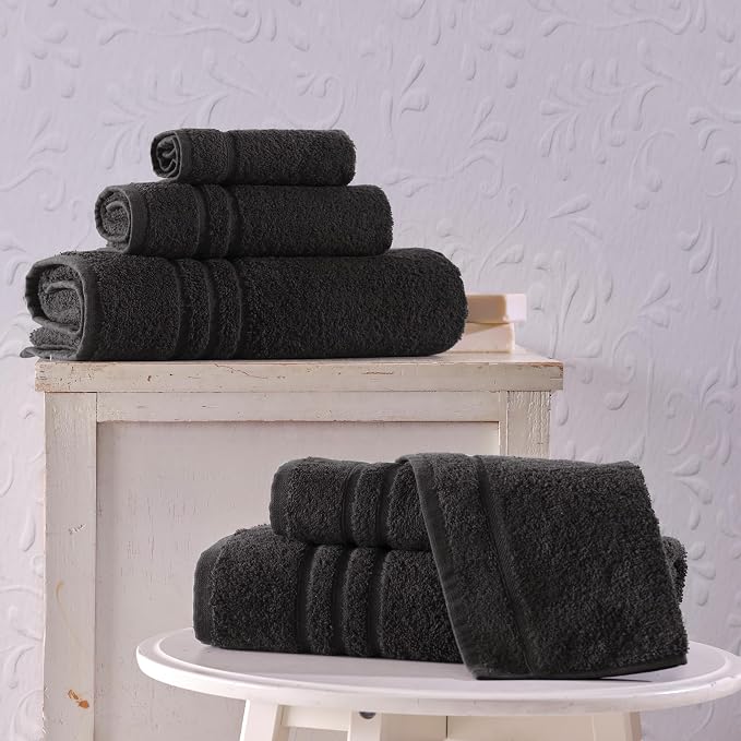Black 6 Pack Bath Towels Sets Linen for Bathroom Original Turkish Cotton Soft, Absorbent and Premium 2 Bath, 2 Hand, 2 Washcloths