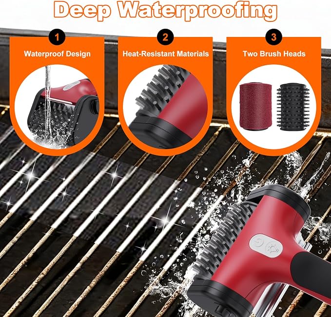 Electric Grill Brush for Outdoor Grill,2600mAh Rechargeable Electric Grill Cleaner with 2-Speed(Max 1000RPM)，2 Replacement Heads and LED Light for Outdoor/Camping BBQ Grates Cleaning Tool (Red)