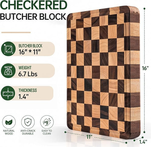 1.4" Checkered Cutting Boards for Kitchen, Thick Wood Butcher Block | Chooping Board with Juice Grooves & Handles, Serving Tray for Meat, Vegetables Fruits with Gift Box, 16" x 11"