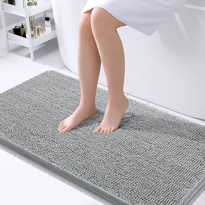 OLANLY Large Bathroom Rugs 45x27, Extra Soft Absorbent Chenille Bath Rugs, Rubber Backing Quick Dry, Machine Washable Bath Mats for Bathroom Floor, Tub and Shower, Home Decor Accessories, Light Grey