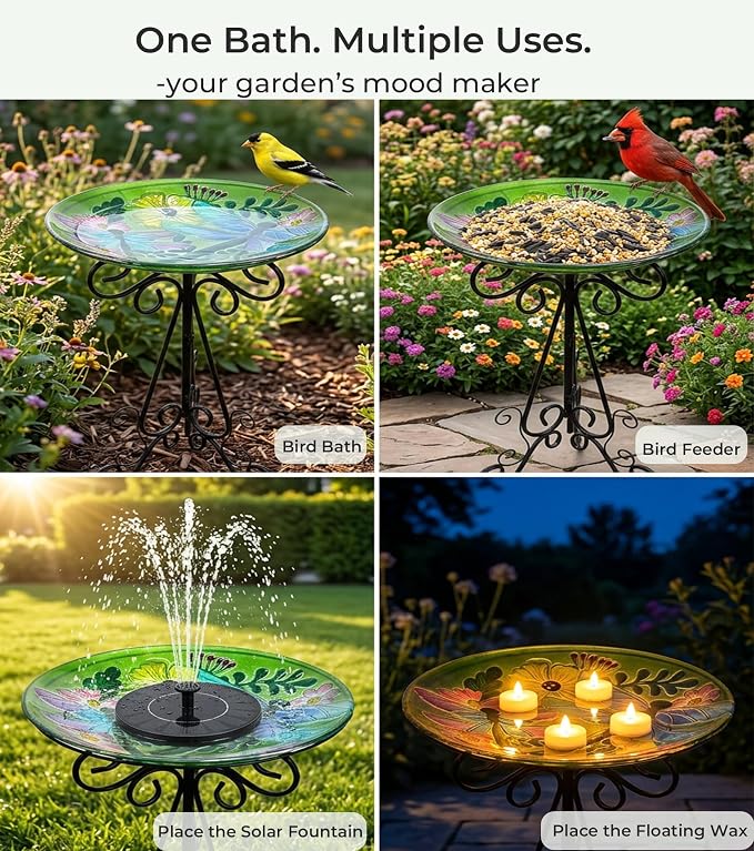 Large Glass Bird Bath with Metal Stand, Dragonfly | 18" Wide Bowl, 3.2" Bathing Depth, Thick Glass Construction, Stable 3-Leg Base, Easy Clean Surface, Garden Decor