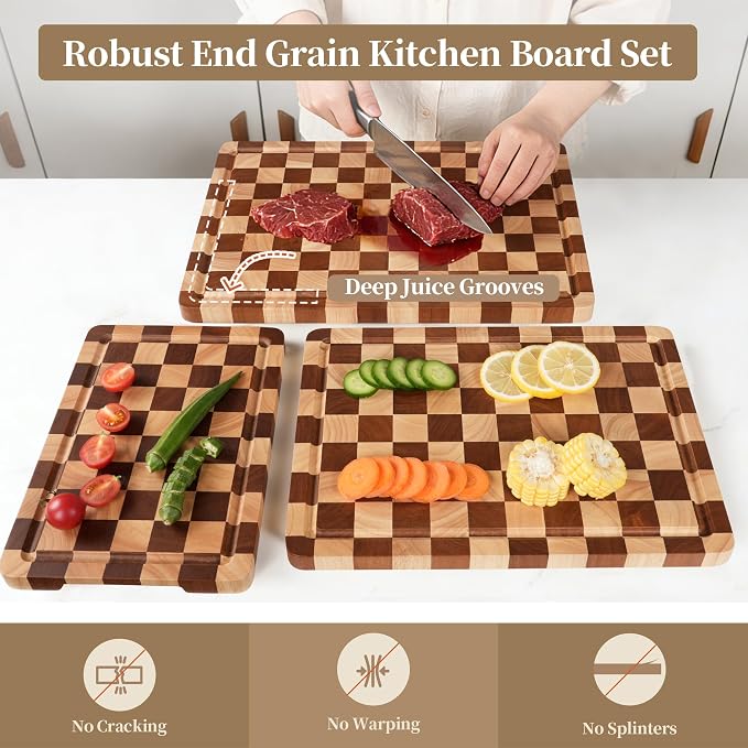 Checkered Cutting Board Set for Kitchen - 3 PCS Wood Checkerboard End Grain Chopping Board with Holder & Juice Groove, Wooden Cutting Boards for Meat, Vegetables, Fruits (S, M, L)