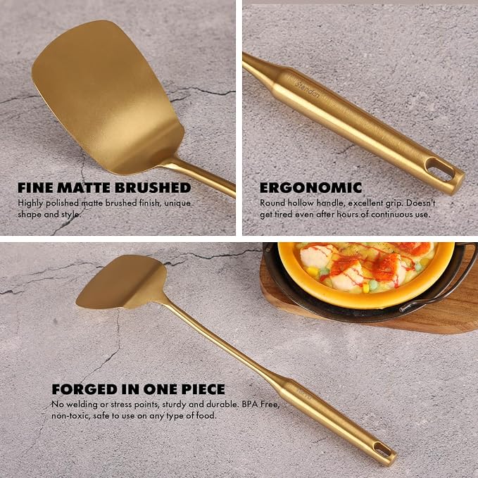 Gold Cooking Utensils Set - 16 PCS All Metal Small and Large Spoons Set | 18/10 Stainless Steel Kitchen Tools, 15″ Serving Utensil - Whisk, Masher, Fork, Tongs, Spatula, Turner, Ladle, Skimmer, Pasta
