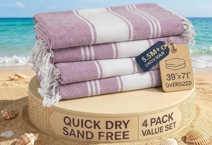 LANE LINEN Beach Towels 4 Pack Oversized, Turkish Towel Set - Regal Orchid | Pre-Washed Oversized Beach Towel - 39"x71", Vacation Essential - Machine Washable, Travel & Camping - Super Absorbent, Soft
