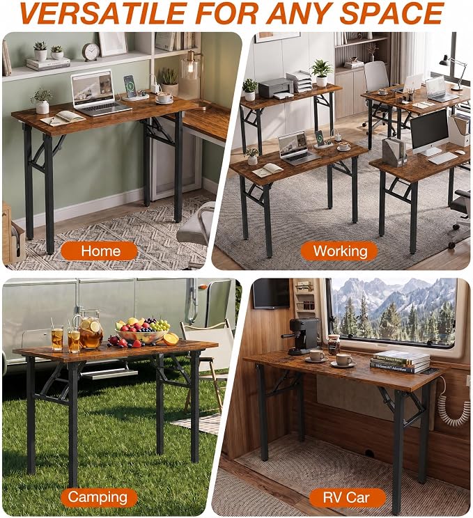 XBurmo Small Folding Desk Folding Table, No Assembly Foldable Desk Gaming Desk, 43.3-Inch Computer Table Workstation with 2 AC Outlets and 2 USB Ports for Bedroom and Home Office, Rustic Brown