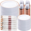 BESTVIP 700PCS Rose Gold Plastic Dinnerware Set, Disposable Party Plates for 100 Guests, Include: 200 Plastic Plates, 100 Pre Rolled Napkins with Rose Gold Silverware, 100 Cups for Christmas