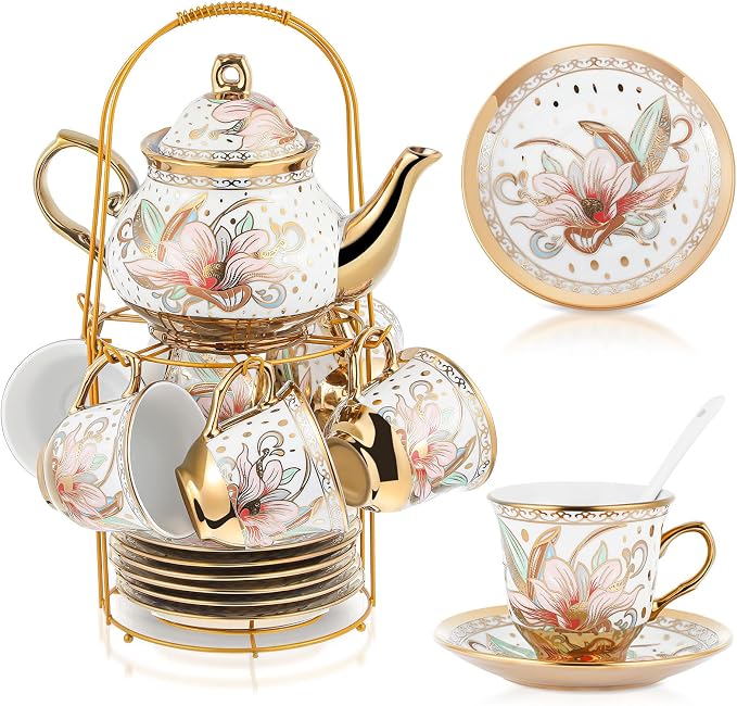 Zhehao 20 Pcs Porcelain Tea Set with Metal Holder and Spoon Adult Ceramic Tea Set European Flower Painting Teapot Cup Saucer Spoon for Women Mom Gift, Large Version (Traditional Style)