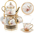 Zhehao 20 Pcs Porcelain Tea Set with Metal Holder and Spoon Adult Ceramic Tea Set European Flower Painting Teapot Cup Saucer Spoon for Women Mom Gift, Large Version (Traditional Style)