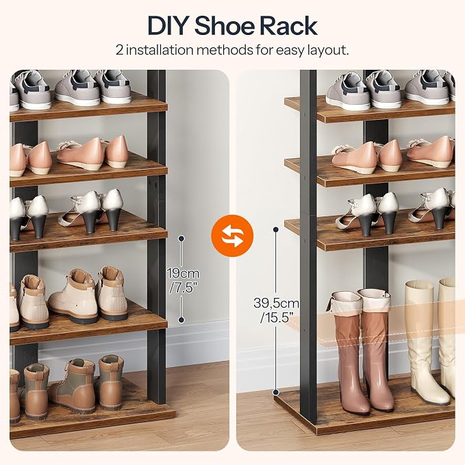 HOOBRO 10 Tiers Vertical Shoe Rack, Wooden Shoe Storage Organizer with Hooks, Narrow Shoe Tower for 20 Pairs, Space Saving, for Entryway, Living Room, Bedroom, Rustic Brown FG140XJ01