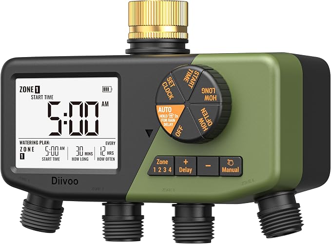 Diivoo 4 Zone Sprinkler Timer with Brass Inlet, IP68 Waterproof Water Timer,for Garden Hose with Large Display, Digital Control & Rain Delay & Manual Watering for Lawn, Yard