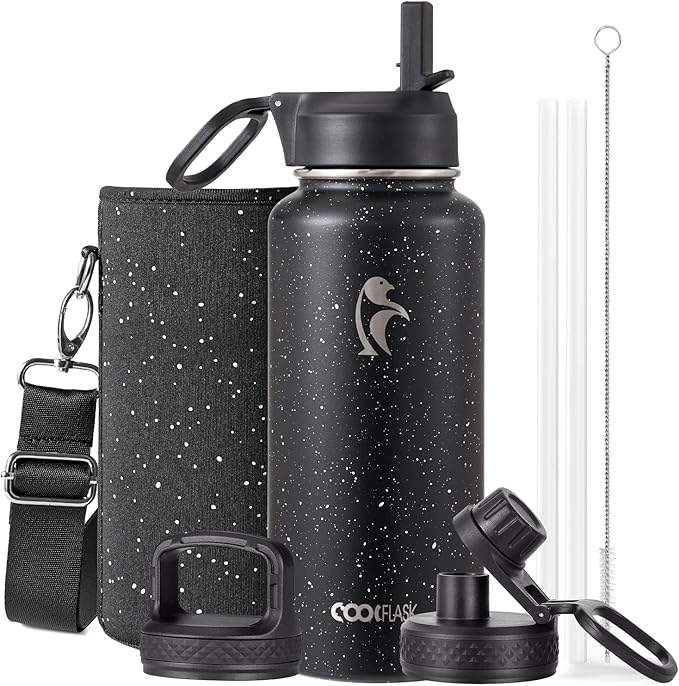 Coolflask Water Bottle 32 oz Insulated with Straw, Stainless Steel Metal 3 Lids Water Flask Wide Mouth for Sports or Office, Non-BPA Keep Cold Up to 48 Hrs or Hot Up to 24 Hrs, Starry Night