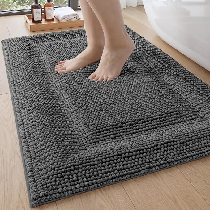 DEXI Bath Mats for Bathroom 32x20, Non Slip Washable Bathroom Rug, Thick Soft Chenille Absorbent Bathmat for Shower Floor, Fluffy Shaggy Carpet for Tub, Grey